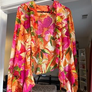 Vibrant Floral Ruffle Kimono Jacket - Hot Pink & Orange